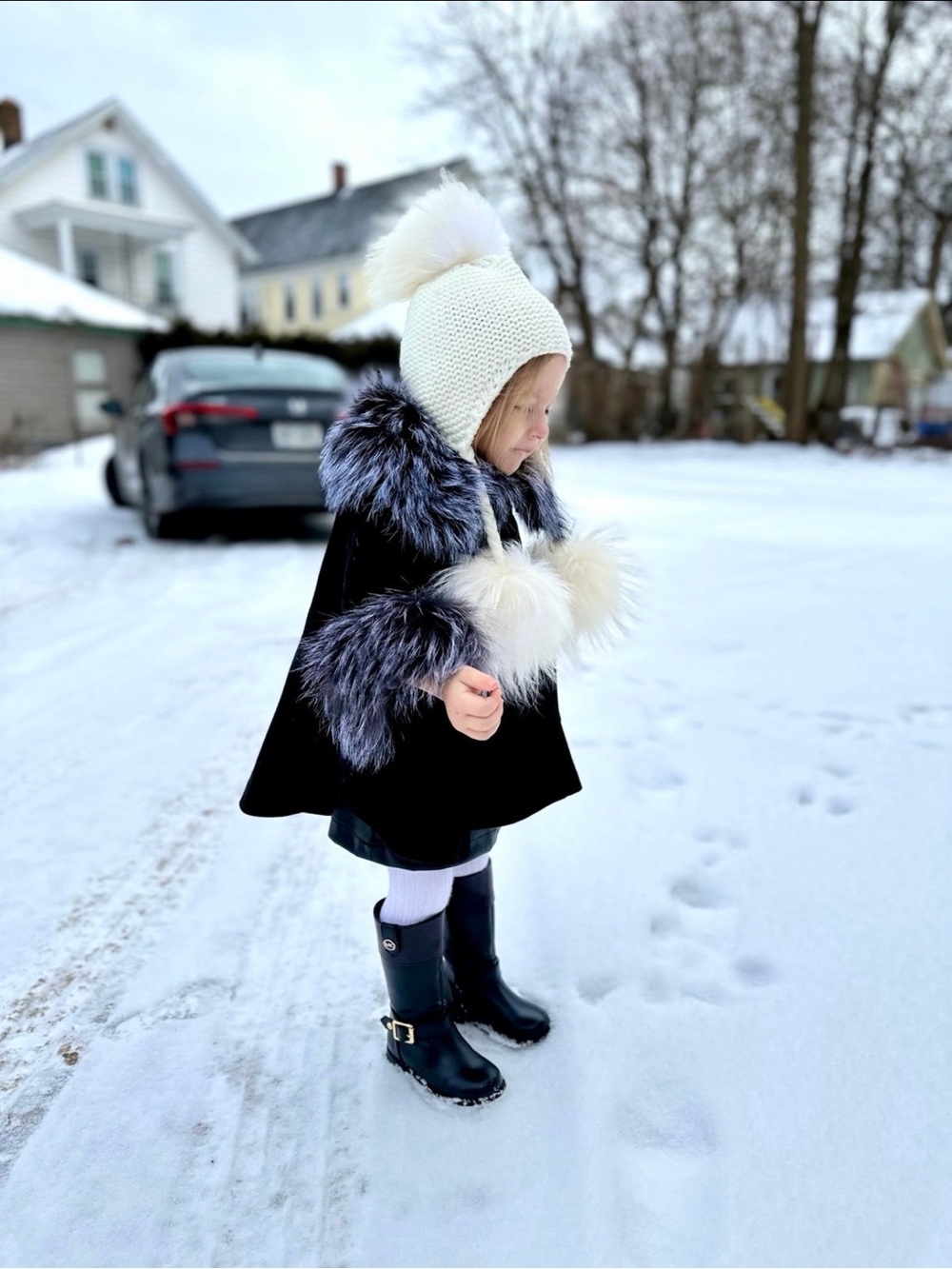 Black Poncho Coat wool Girls with Natural Silver Fox Fur, Size 1–3 Years